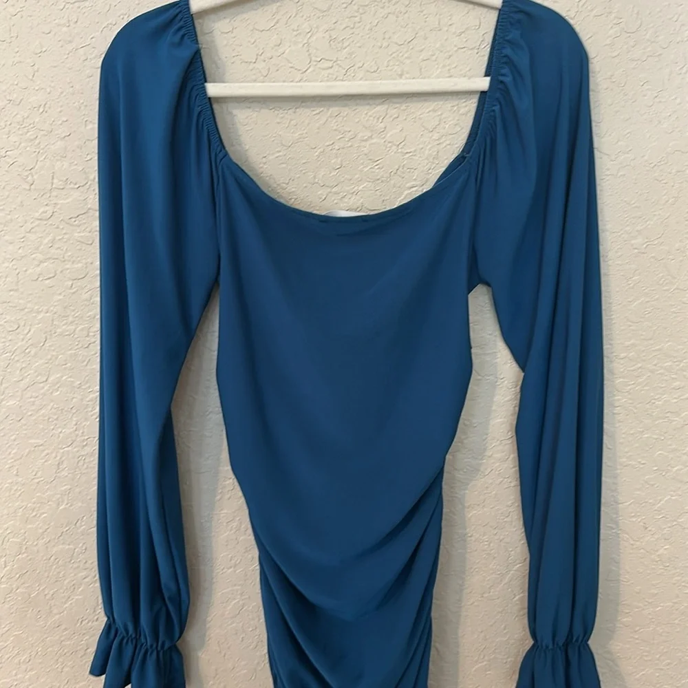 Better Be Teal Long Sleeve Ruched Dress p